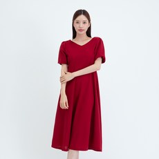 Elsso V領優雅泡泡袖喇叭連身裙, 紅色