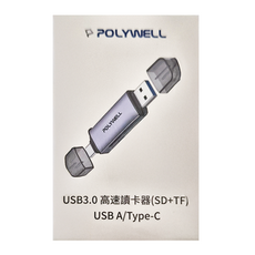 POLYWELL USB3.0 高速讀卡器 SD + TF 雙插頭附掛繩 73 x 17 x 10.4mm 15g, PW15-T02-A037, 深空灰, 1個