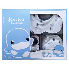 KU.KU Duckbill 酷咕鴨 夢想氣球包巾禮盒 Set 7件組 (包巾+嬰兒帽+造型圍兜+護手套+護腳套), 藍色