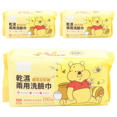KOgi 宏瑋 迪士尼乾濕兩用洗臉巾 100抽, 台灣製造, 柔軟耐用, 乾濕兩用, 不掉棉絮, 蜂蜜維尼, 3包