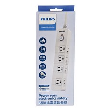 PHILIPS 飛利浦 hue 5開8插電源延長線 CHP3780, 1.8m線長, 過載自動斷電, 防火安全塑料, 45°插頭, 1.8m, 白色, 1條
