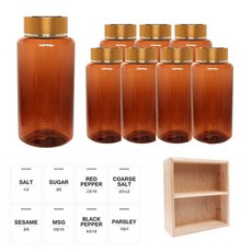 홈앤라이프 갈색 원형 PET 양념통 금속 골드 캡 200ml x 8p + 흰색 스티커 8p + 사각 선반 세트, 1세트, 양념통 원형 8p + 흰색 스티커 8종 + 사각 2단 선반