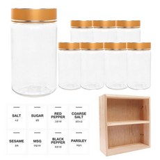 홈앤라이프 투명 원형 PET 양념통 금속 골드 캡 300ml x 8p + 투명 스티커 8p + 사각 선반 세트, 1세트, 양념통 원형 8p + 투명 스티커 8종 + 사각 2단 선반
