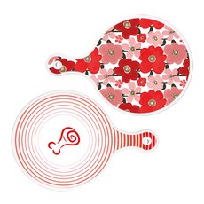 로엠디자인 원형 서빙 도마 보드 2p 붉은빛동백 세트, 붉은빛동백, 고기라인레드, 1세트