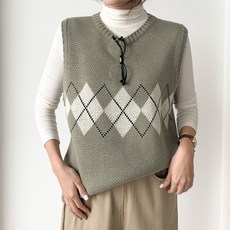 아미 여성용 아가일 패턴 루즈핏 라운드넥 스판 다이아 무늬 배색 베스트