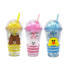 라인프렌즈 글리터 콜드컵 3종 세트, 브라운, 코니, 샐리, 473ml