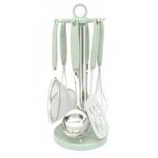 제니얼 마노756 회전걸이 조리도구 7종세트, 스테인레스 실버 + 그린