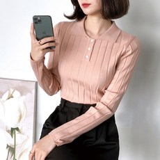 빼빼 여성용 3버튼 카라넥 넓은골지 니트티셔츠