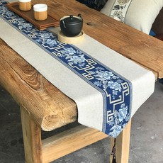 알럽홈 고전패턴 꽃자수 테이블러너, 베이지네이비, 30 x 180 cm