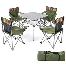 캠핑용 대형 접이식 테이블 + 의자 4p 세트, 카키