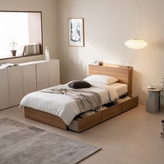 에몬스홈 더편한 LED 수납형 서랍형 침대 + 매트리스 방문설치, 내추럴