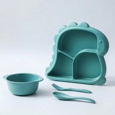 귀여운 아기 공룡 유아 식기 세트, 민트, 식판 + 숟가락 + 포크 + 국그릇