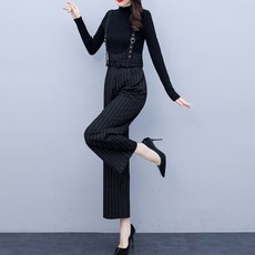 아뗄릭 반폴라 이너 티 스트라이프 벨티드 멜빵 팬츠 투피스 세트 01481