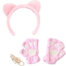 파티쇼 밍크 고양이 머리띠 + 밍크 고양이 장갑 양손 세트, 핑크(장갑), 핑크(머리띠), 1세트