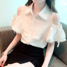 페이퍼먼츠 여성용 카라넥 어깨 트임 플라잉 프릴 수술 슬리브 셔츠 04911