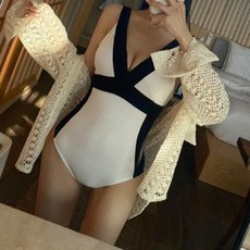 메이첼 모던 모노 배색 호캉스 원피스 수영복 02852, 화이트