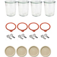 WECK 기본형 PE 뚜껑 + 유리용기 + 유리뚜껑 + 고무링 + 클립 2p 풀 세트 베이지 580ml No.742, 4세트, 5종