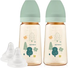 마더케이 베이직 PPSU 포레스트 무꼭지 젖병 트윈팩 + 3단계 젖꼭지 2p, 포레스트(민트), 280ml, 1세트