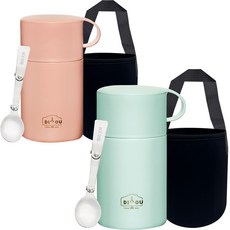 DIYOU 스텐 보온 도시락 죽통 600ml 2p + 스텐스윙 스푼 2p + 전용 파우치 2p 세트, 핑크, 민트, 1세트
