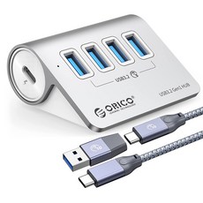  오리코 C타입 무전원 & 유전원 겸용 4포트 USB 3.2 GEN1 USB 허브 M3U4 + C타입-C타입 케이블 + C타입-USB A타입 젠더 세트, 실버(USB 허브) 