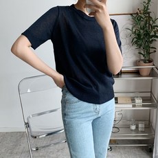 뜨개진 여성용 린넨 심플 베이직 릴리안 라운드 반팔 니트