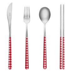 네바 커트러리 체크 풀세트, 레드, 스푼 + 젓가락 + 포크 + 나이프, 1세트