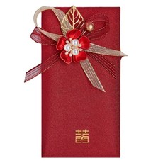Maket Gamseong 紅色信封緞帶裝飾信封深紅色金箔珍珠花, 1個