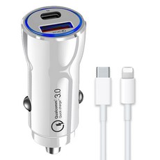 언박싱 차량용 베네치아 PD USB 듀얼 2포트 고속 퀄컴 3.0 충전기 + C타입 to 라이트닝 8핀 케이블 세트, ITS-PDCC01, 화이트 1m, 화이트, 1개