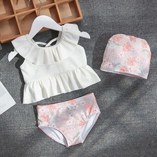 스타빈 여아용 러블리 수영복 상하의 + 모자 세트