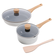 鍋寶cook power Lumi系列7層不沾鑄造鍋具五件組 (煎鍋28cm+湯鍋20cm+鍋蓋+木鏟)，白色，電磁爐適用, 1組, 煎鍋 28cm + 玻璃蓋 28cm + 單柄湯鍋 20cm + 玻璃蓋 20cm + 無漆圓角原木鏟