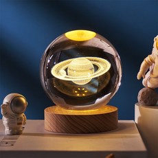 ALL SPLENDID 土星 水晶球 6cm + USB實木燈座 7 x 2cm, 單色暖光