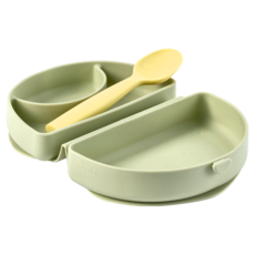 miniware 兒童餐具輕鬆外出組, 開心果卡士達, 1組, 矽膠合掌包 + 湯匙