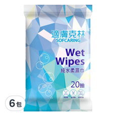 奈森克林 適膚克林純水濕巾 隨身包, 20抽, 無酒精 無香精 無螢光劑, 20張, 6包