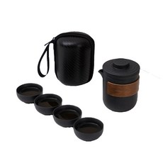 旅行茶具組，桃花木紋，黑陶，旅行便攜, 茶壺 + 杯子4入 + 黑色茶濾, 胡桃木紋, 1組