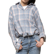 CARET 女款大碼法蘭絨格子上衣，寬鬆版型，輕刷毛，藍色/粉色, Free Size, 淺藍格紋