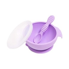 BUMKiNS 寶寶白金矽膠餐碗組, 100% 白金矽膠嬰兒第一用餐組，含碗、蓋子和湯匙, 碗 + 湯匙, 薰衣草紫, 1組