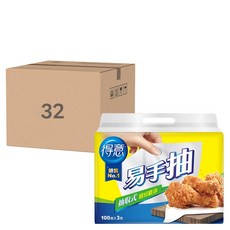 得意 抽取式廚房紙巾 易手抽, 食用級, 乾淨不沾手, 輕鬆抽取 100抽x3包 8袋, 3包, 32袋