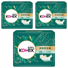 Kotex 靠得住 茶樹舒涼棉 涼感衛生棉 3分微涼, 28cm, 16片, 3包