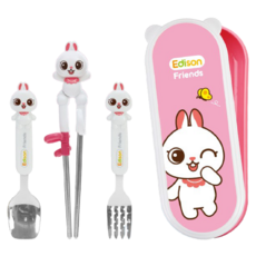 Edison Friends 兒童餐具組, 可愛動物角色學習筷, 附湯匙和叉子, 兔子 Ranny, 湯匙*1支+叉子*1支+右手學習筷*1雙+收納盒*1個, 1組
