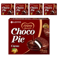 LOTTE 樂天 黑巧克力派, 濃郁巧克力包裹柔軟蛋糕，夾心棉花糖，韓國樂天經典銷售超過20年的美味蛋糕派, 336g, 5盒