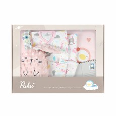 PUKU 藍色企鵝 月光柔柔親膚禮盒， 包含肚衣、蝴蝶衣、手帕x2、安撫玩具、 幼兒枕、浴巾, 印花粉
