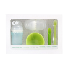 Olababy 小幼苗 新生哺育5件禮盒 Set, 耐熱220°C, 可蒸氣及煮沸消毒, 矽膠湯匙, 柔軟親膚大面積, 奶瓶240ml + 奶瓶120ml + 訓練湯匙 + 餵食湯匙 + 蒸碗, 晴空藍, 1盒