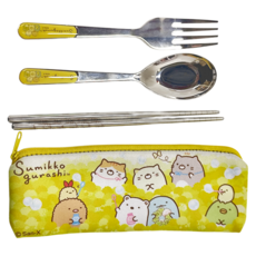 Sumikkogurashi 角落生物 三件式304不鏽鋼餐具組 Set - 含湯匙, 筷子, 叉子, 漱水布材質收納袋, 1組