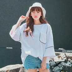 제이에이치스타일 남녀공용 삥줄 포켓 루즈핏 반팔 티셔츠