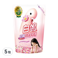 白鴿 防蟎衣物柔軟精 幸福花香 補充包, 植物香氛精華，有效防止靜電，灰塵不易沾染, 1.8kg, 5包