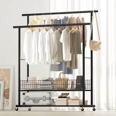 코멧 2단 이동식 대용량 수납 선반 행거, 블랙 블랙