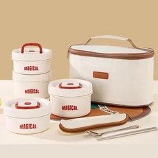 A&R 日式316不鏽鋼便當盒 Set, 可微波 米紅配色 附餐具組 保溫袋, 適用辦公室/學校/野外, 米紅色, 1組