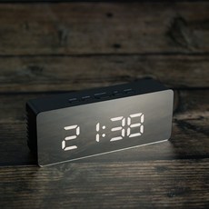 레토 무소음 거울 LED 알람 온도 탁상시계 직사각형 LLC-P02, 블랙