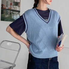 뜨개진 여성용 다이아 펀칭 배색 브이 클레타 니트 조끼