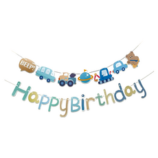 汽車小熊生日拉旗, Happy Birthday 生日派對裝飾, 1組, 汽車小熊